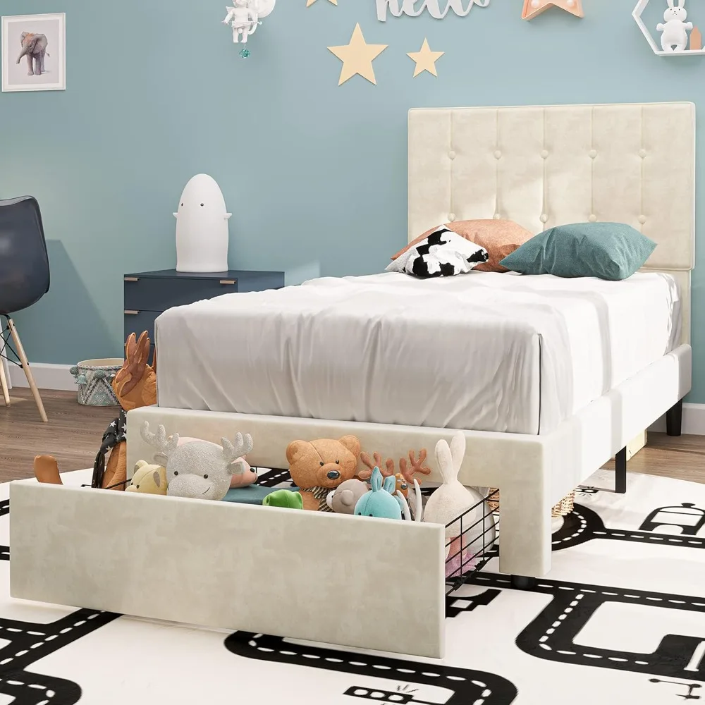 LIKIMIO Twin Bed Frame with Under-Bed Drawer, Velvet Upholstered Platform Bed Frame with Headboard, No Box Spring Needed/Noise-F