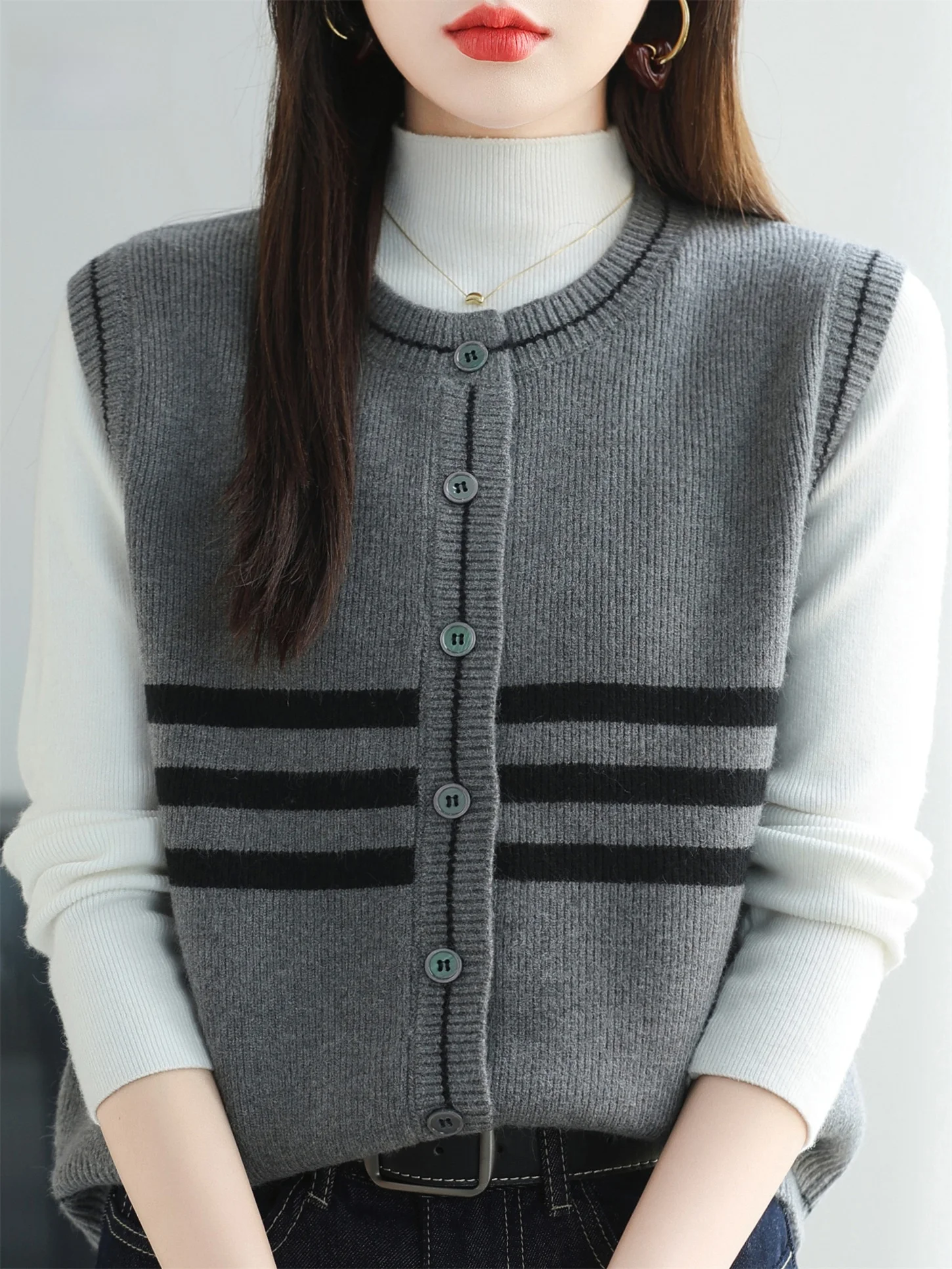 

Faionable Knitted Open Cardigan round Ne Loose Fit Vest Slimming Mid-aged Mommy Sle Spring Autumn New Arrival
