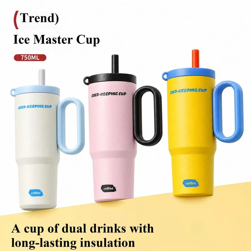 Large Capacity Insulated Tumbler with Handle Ceramic Lined Mug with Straw for Hot Cold Drinks Travel Commute Daily Use
