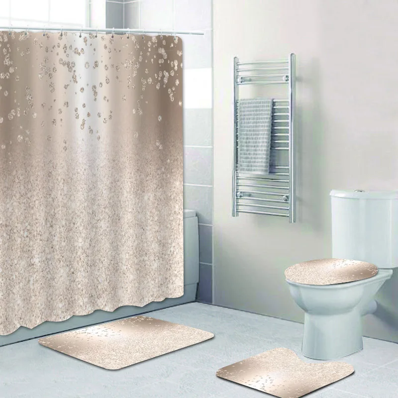 3D Luxury Grey Silver Gold Falling Glitter Confetti Metallic Sparkles Shower Curtian Set Elegant Bathroom Curtain Toilet Mat Rug