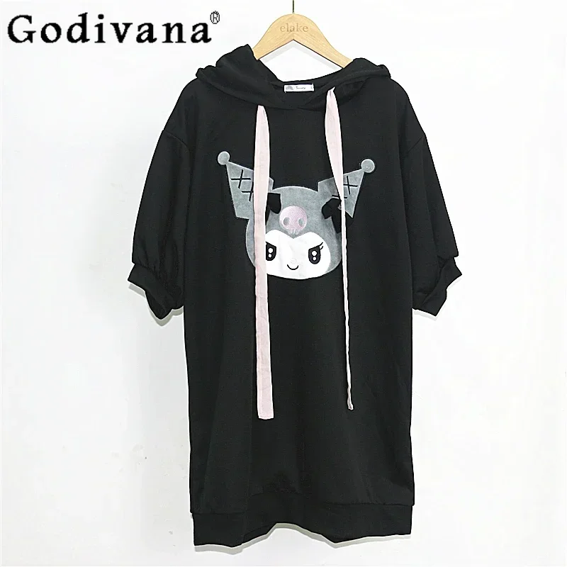 Japanese Style Sanrio Kuromi Sweet Y2k Cartoon Hooded Sweatshirts Summer New Preppy Loose Student Black Casual Hoodies Women