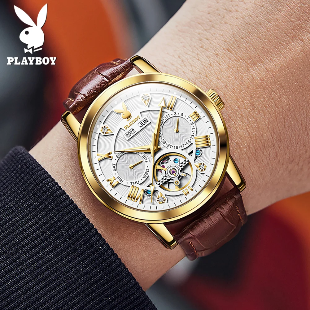 PLAYBOY Mens Watches Automatic Mechanical Watch Tourbillon Sport Clock Leather Casual Business Fashion Wristwatch Relojes Hombre