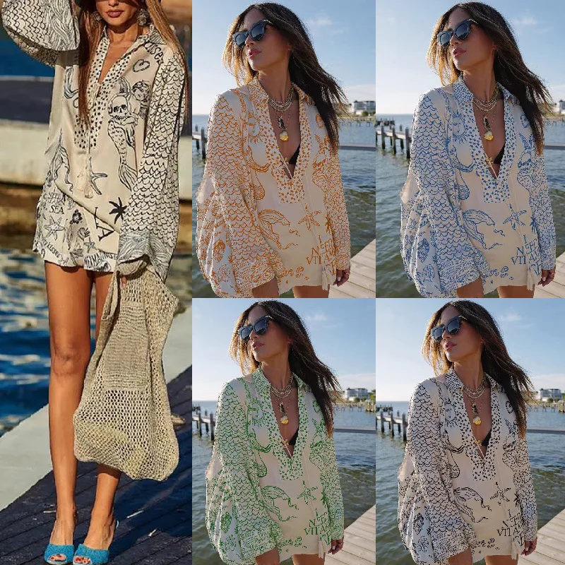 

Summer Thin Loose Bohemian Suit Women's Deep V Long Sleeve Top Shorts Suit Fashionable Printed Beach Leisure Vacation Beach Suit