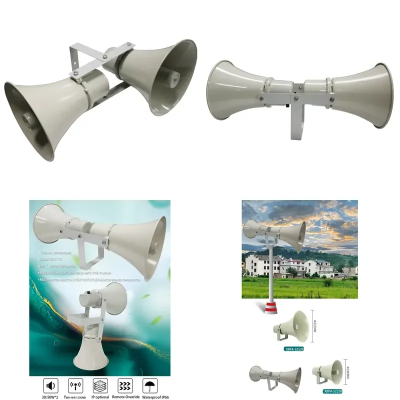 Two-Way Coverage Adjustable Horn Speaker 30W Built-in Dual-Channel Amplifier for V5.3 IPX-6 Waterproof Aluminum Alloy