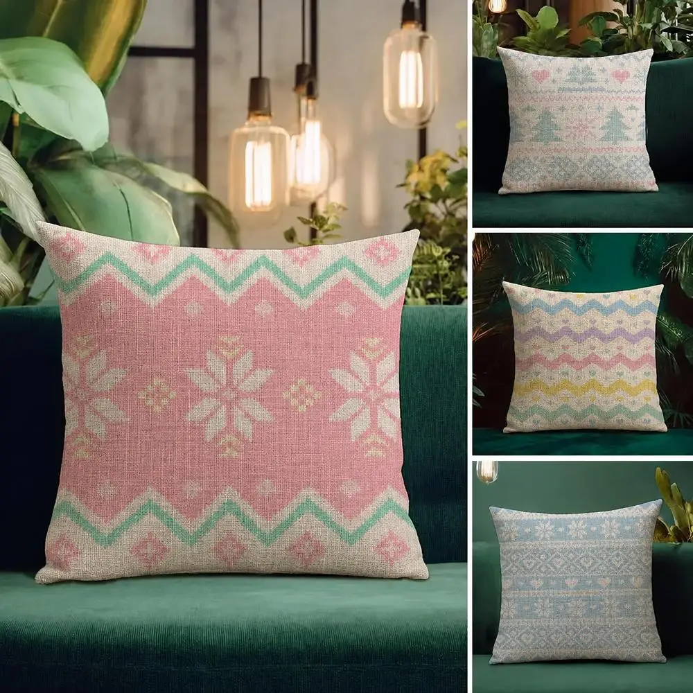 Art Pastel Fair Isle Knit Cushion Cover Natural Linen Pillowcase Set Cushion Cover for Sofa Bedroom Chair