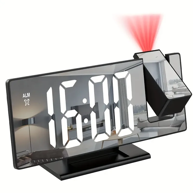 180° Adjustable LED Projection Alarm Clock with Snooze 12/24H Temperature Display and Mirror Design USB Powered for Bedroom Home