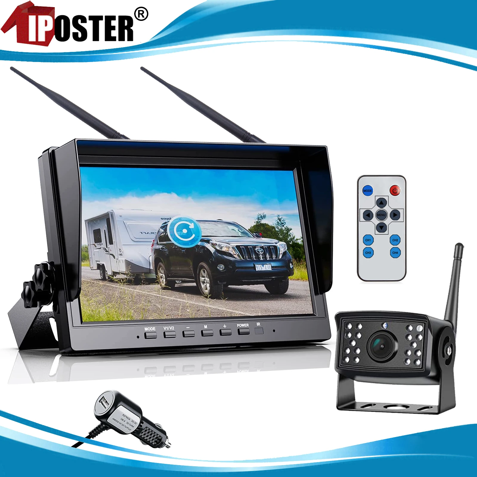 Iposter 10.1 Inch Draadloze Quad Monitor Achteruitrijcamera 50-100M Voor Vrachtwagen Bus Auto