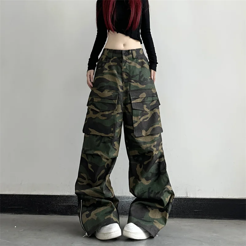 Women Green Cargo Pants Streetwear High Waist Wide Leg Pants Y2K Style Vintage Female 2024 Camouflage Autumn Straight Trousers