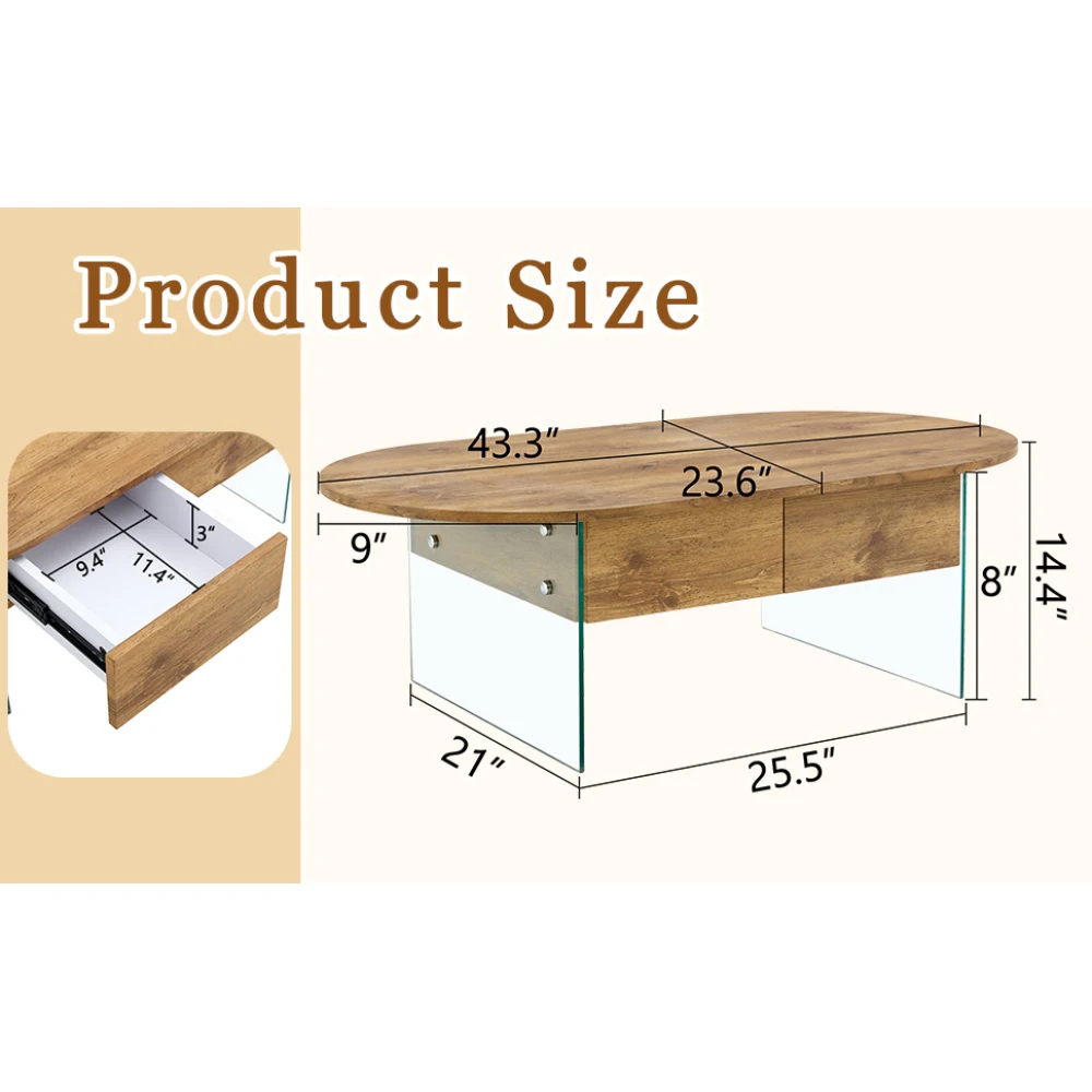 Modern Coffee Table with Double Drawers, MDF Top & Clear Tempered Glass Sides, Simple Storage Design