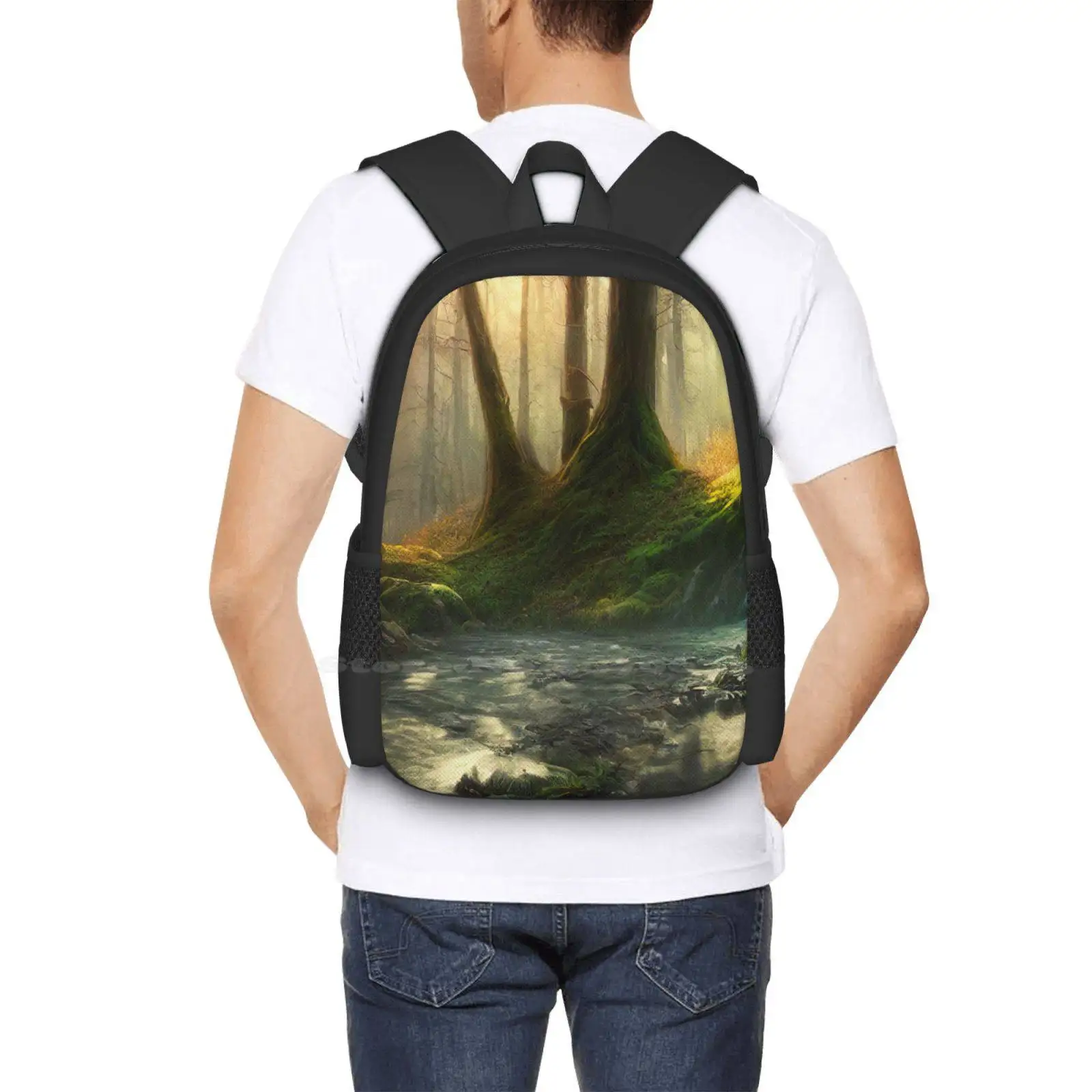 Lost Respite Hot Sale Backpack Fashion Bags Water River Forest Landscape Trees Moss Floral