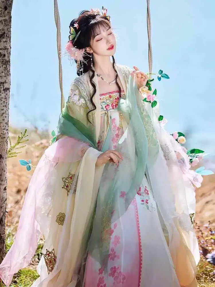 중국어 Hanfu 드레스 여성 핑크 수 놓은 그라데이션 Hanfu 할로윈 카니발 요정 코스프레 의상 생일 파티 Hanfu 드레스