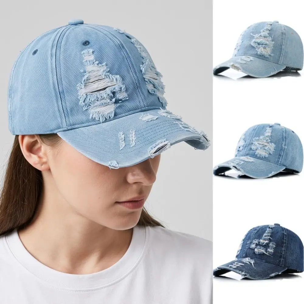 Casual Creative Denim Baseball Cap Cotton Adjustment Sunscreen Hat Fashion Distressed Design Sunshade Hat Summer