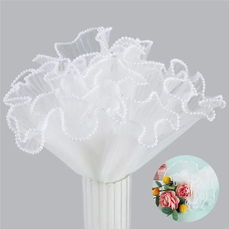 2 Pack 4.5 Yard White Flower Wrapping Paper Pearl Edge Mesh Bouquet Wrapping Paper Pearl Wrinkled Wave Net Yarn