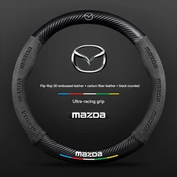 スエードカーボンファイバーカーステアリングホイールカバー,マツダ3,5,6,skycar,axela,atenza,cx30,cx5,cx8,cx9,mx5,rx8,rx7,bt50用アクセサリー