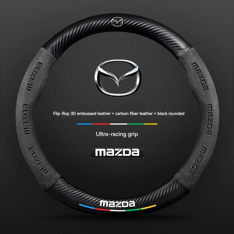 Do Mazda 3 5 6 SKYACTIV Axela Atenza CX30 CX5 CX8 CX9 MX5 RX8 RX7 BT50 Zamszowy pokrowiec na kierownicę z włókna węglowego Akcesoria