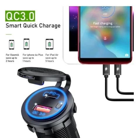 60W PD Type C/QC 3.0 USB Car Charger with Switch Socket Power Outlet Adapter Waterproof For 12V 24V Car Truck Boat RV Motorcycle