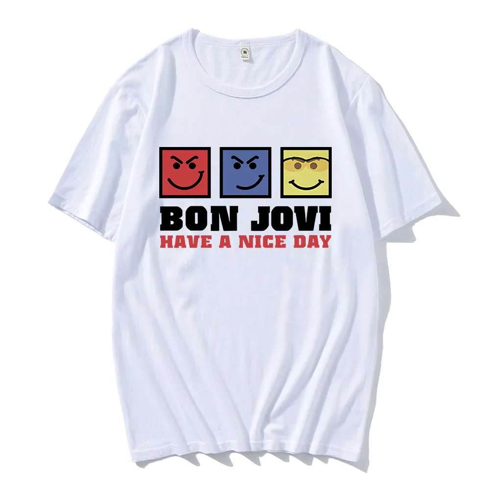 احصل على يوم جميل تي شيرت BONJOVI روك باند موضة بلايز قصيرة الأكمام القطن الذكور تي شيرت للجنسين الشارع الشهير فضفاض س الرقبة الرجال قميص #1