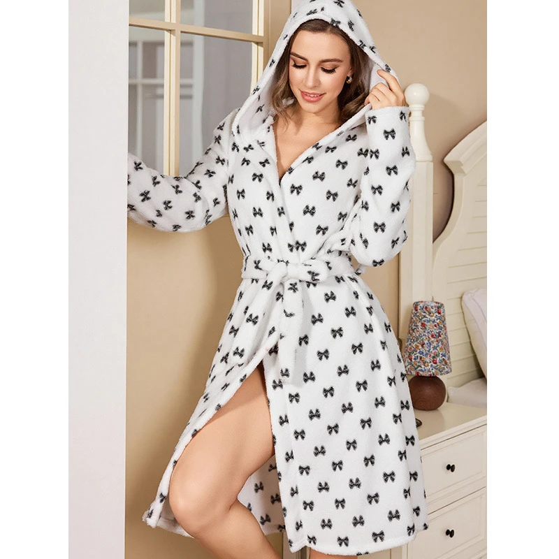 New Double-faced Velour Robe Home Clothes Women's Bow Print Long Sleeved Plush Bathrobe With Belt Winter Warm Dressing Gown
