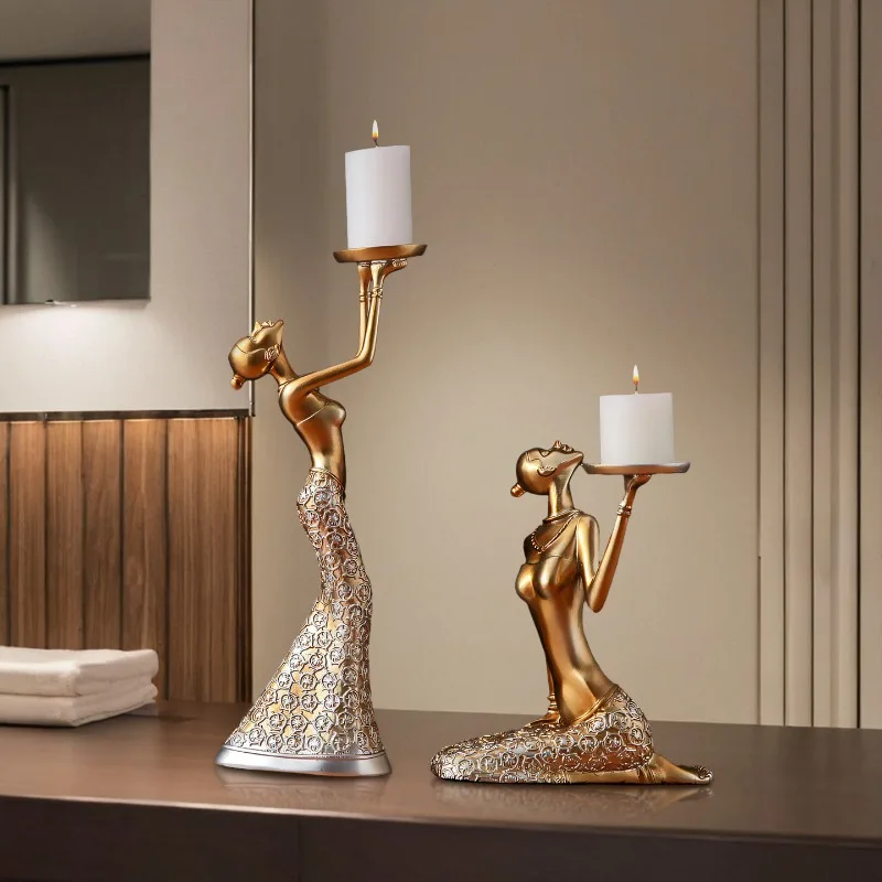 Maid Candlestick Ornament Statuette Nordic Romantic Golden Candlesticks Table Luxury Home Dinner Prop Figurine Decoration Gift