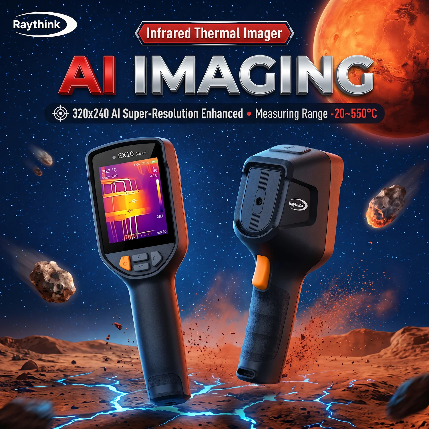 Raythink EX10 Thermal Imaging Camera 320x240 AI Super-Resolution -20 to 550°C Dual Range for HVAC Automotive Inspection