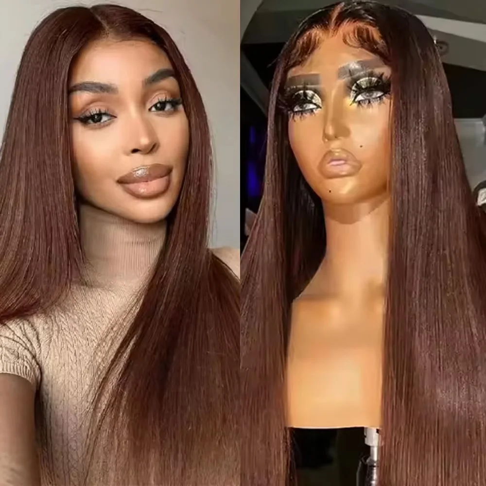 #4 Chocolate Brown 13x6 Transparent Frontal Lace Wig Preplucked Brazilian Straight Front Human Hair Large Lace Wig 200 Density