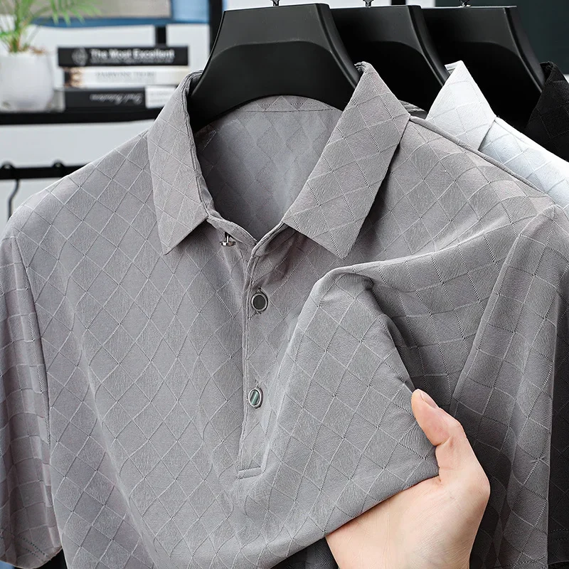 

Polo Shirt Summer Mens Short Sleeve Lattice Lightweight Lapel Breathable Tees Business Leisure Classic Jacquard Design T Shirts