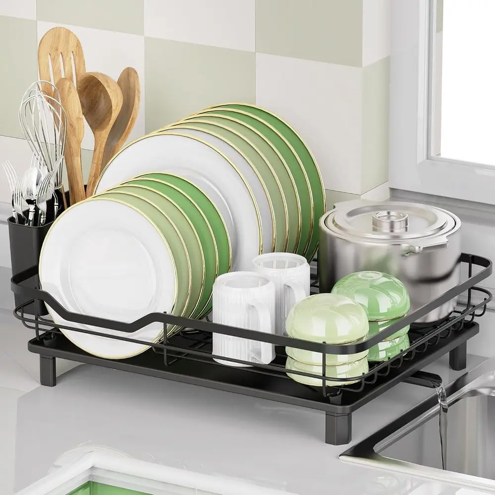 

Dish Drying Rack, StainlSteel Rustproo Dish Rack or Kitchen Counter, Sturdy Dish Drainer with Drainboard, Drainage, Utensil Hold