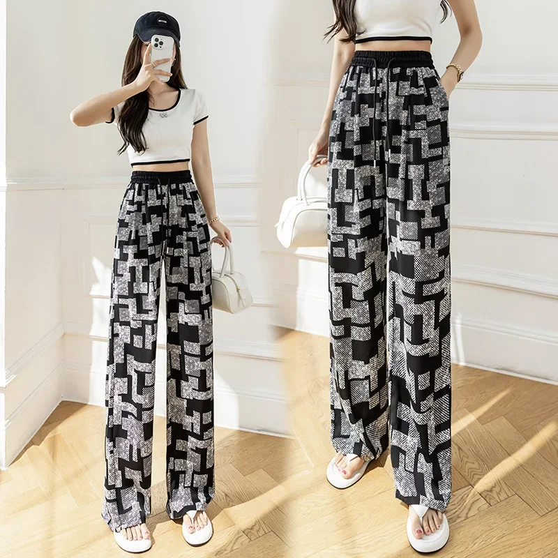 New Chinese Style Ink Wash Ice Shreds Wide Leg Pants Summer Women Thin Style Casual Ribbon Printing Loose All-match Trousers