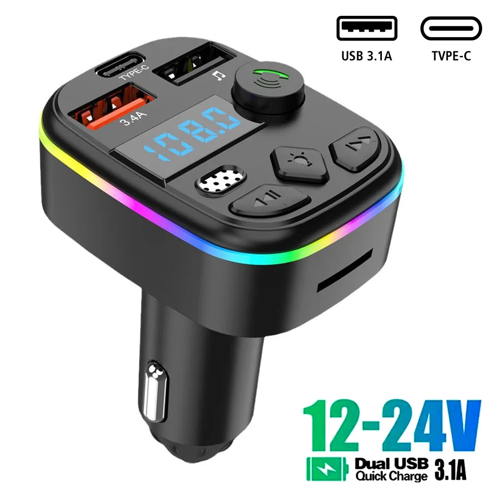 Bluetooth type-c bezdrátový lehký 5.0 auto FM rádiový vysílač MP3 nabíječka handsfree PD QC3.0 PD type-c dvojí USB okolní hráč