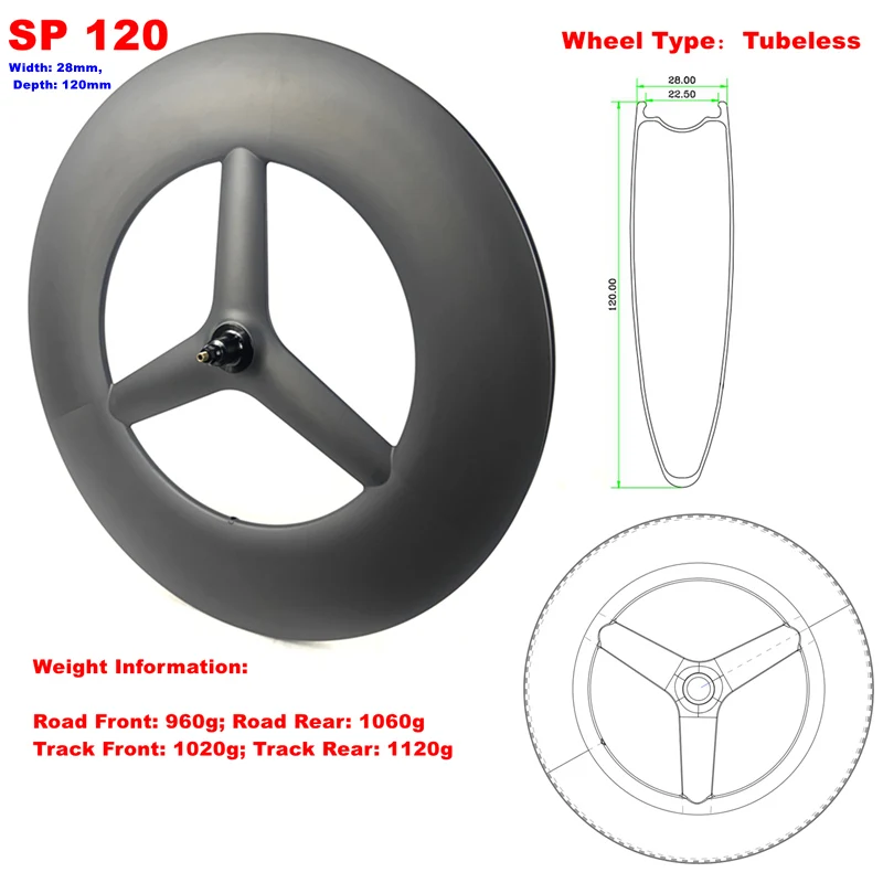 

BIKEDOC SP120 Аэро трехспицевое колесо шириной 28 мм 700C Бескамерное колесо для триатлона высотой 120 мм с 3 спицами