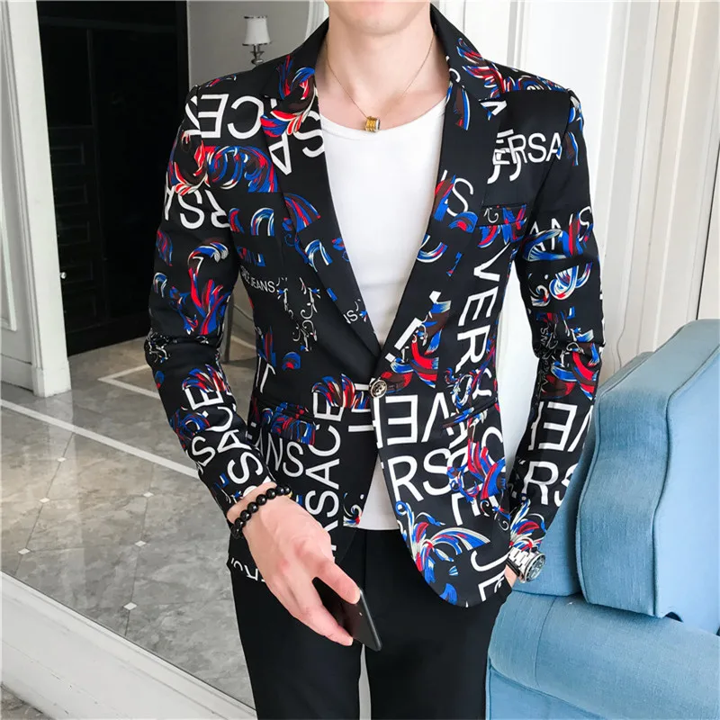 Spring and Autumn Men Suit New Product Fashion Trendy Men\'s Letter Printed Small Suit Floral Suit Men\'s Casual Suit Clothing