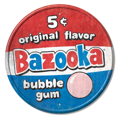 BAZOOKA BUBBLE GUM 5 CENTS OFFICIALLY LICENSED ROUND ALUMINUM SIGN