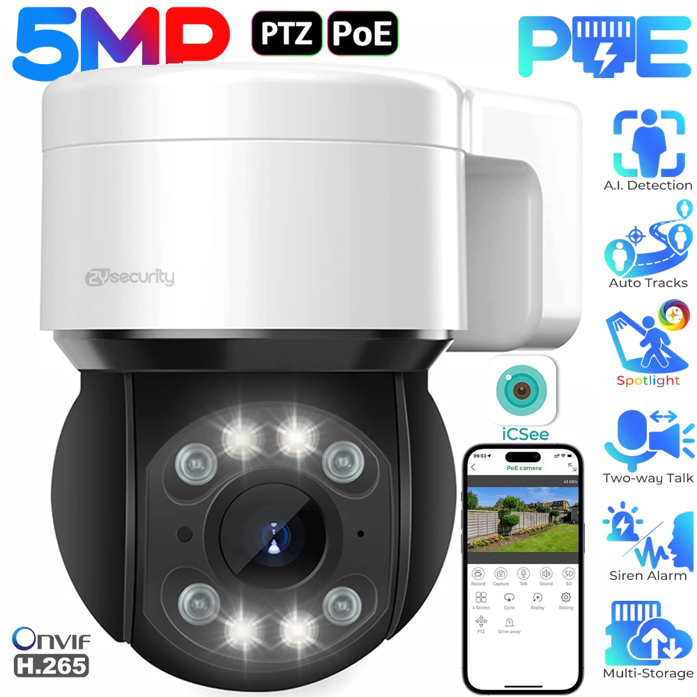 5MP PoE PTZ IP 카메라 집 밖의 인간형 탐지 감시 카메라 양방향 토크 컬러 나이트 비전 스피드돔 CCTV 보안 카메라 iCSee 앱