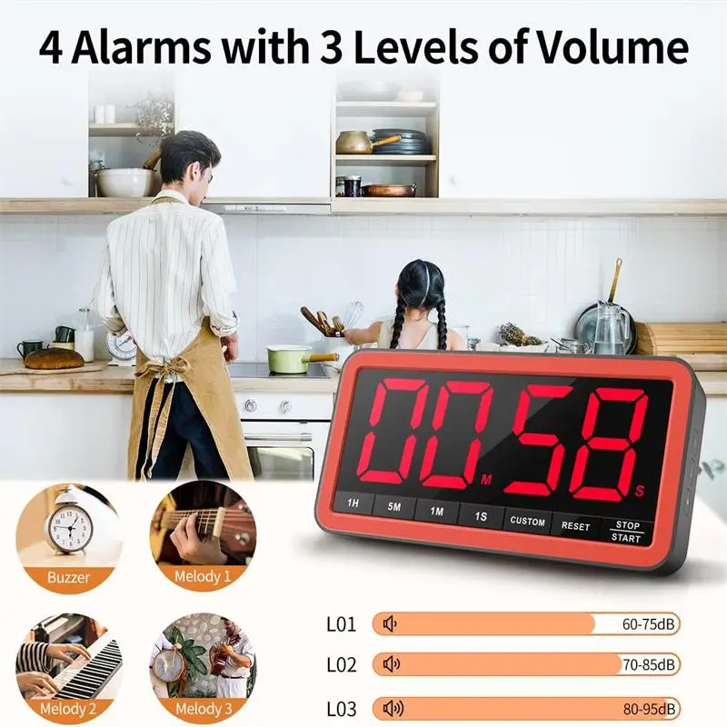 Large Display Kitchen Timer With 7.8” Extra Magnetic LED with 4 Alarms Countdown Count Up Digital Timer For Cooking Classroom