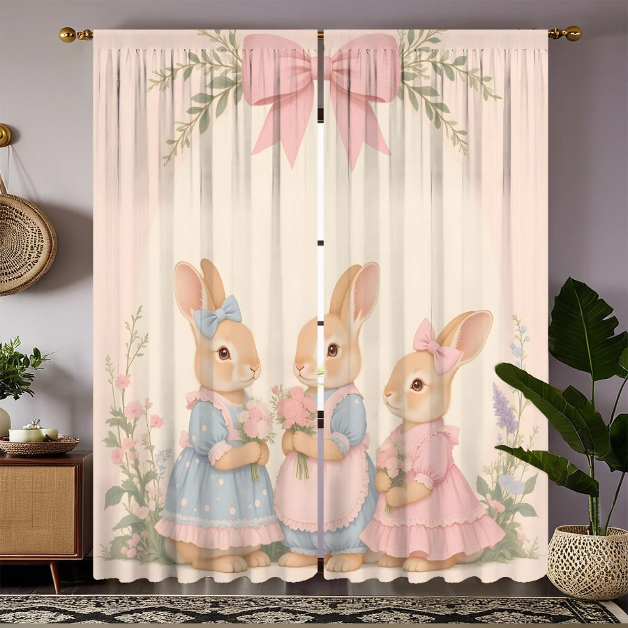 2PCS Digital Print Curtains, Pink Trio of Bunnies Pattern, Cute Three Rabbits Decor Adorable Bunny Group Sweet Kids Drapes
