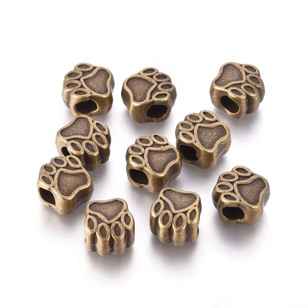 20Pcs Vintage Dog Paw Print Spacer Beads Big Hole Tibetan Footprint Charm Beads for European Bracelet Jewelry Findings DIY