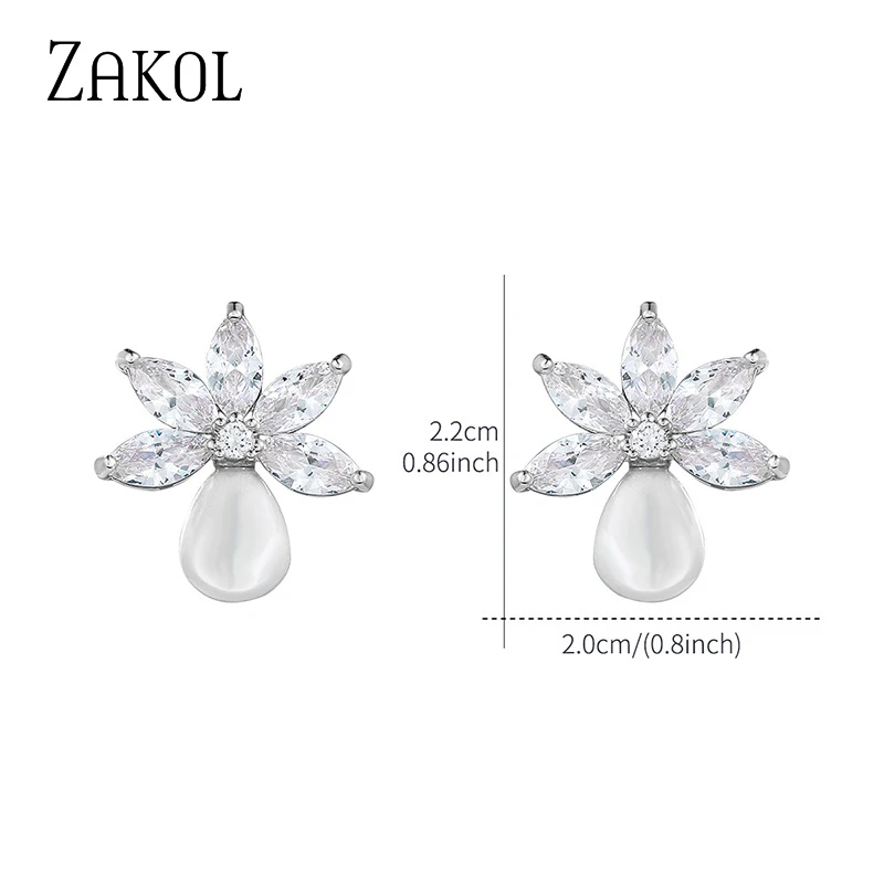 ZAKOL Fashion Simple Leaf Cubic Zirconia Pearl Drop Stud Earrings for Women Elegant Bride and Bridesmaid Earring