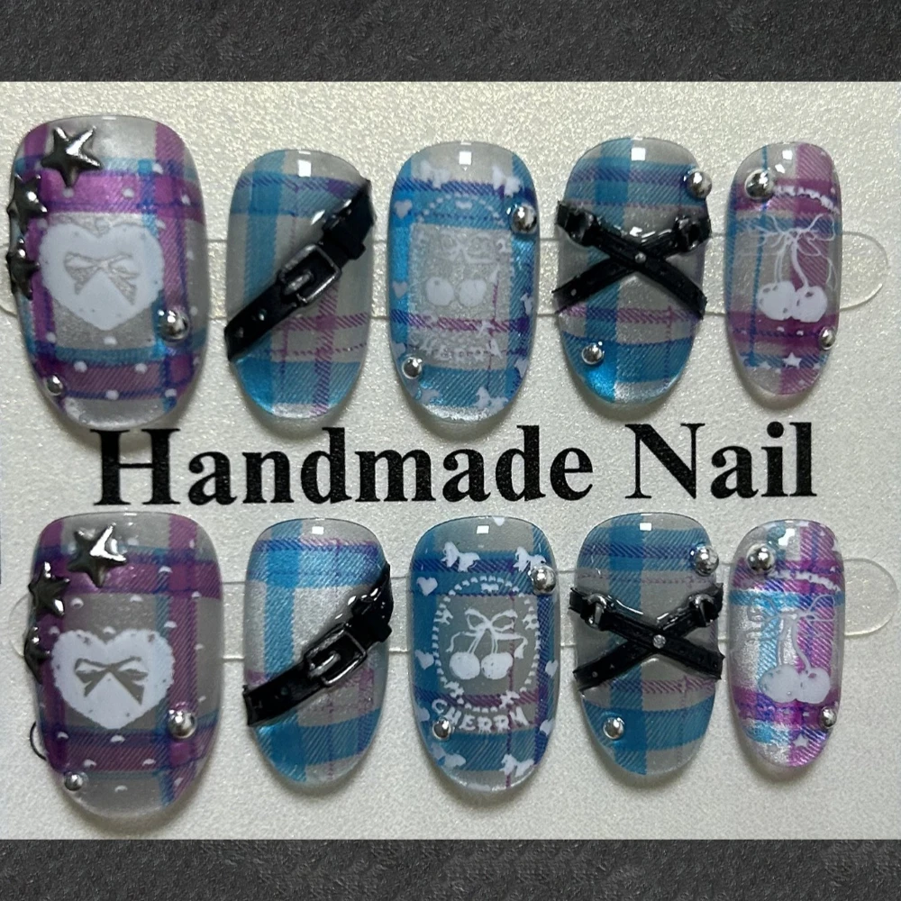 

10 Pieces Y2K Neon Blue Pink Plaid Handmade Press On Nails 3D Star Bow Cherry Cat Eye Glitter Fake Nails Removable Reusable
