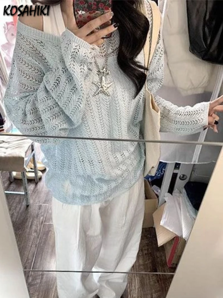 

2025 Y2k Aesthetic Sun Protection Casual T-Shirts Women Knitted Hollow Out Solid Tshirt Summer Harajuku Grunge Oversized T-shirt