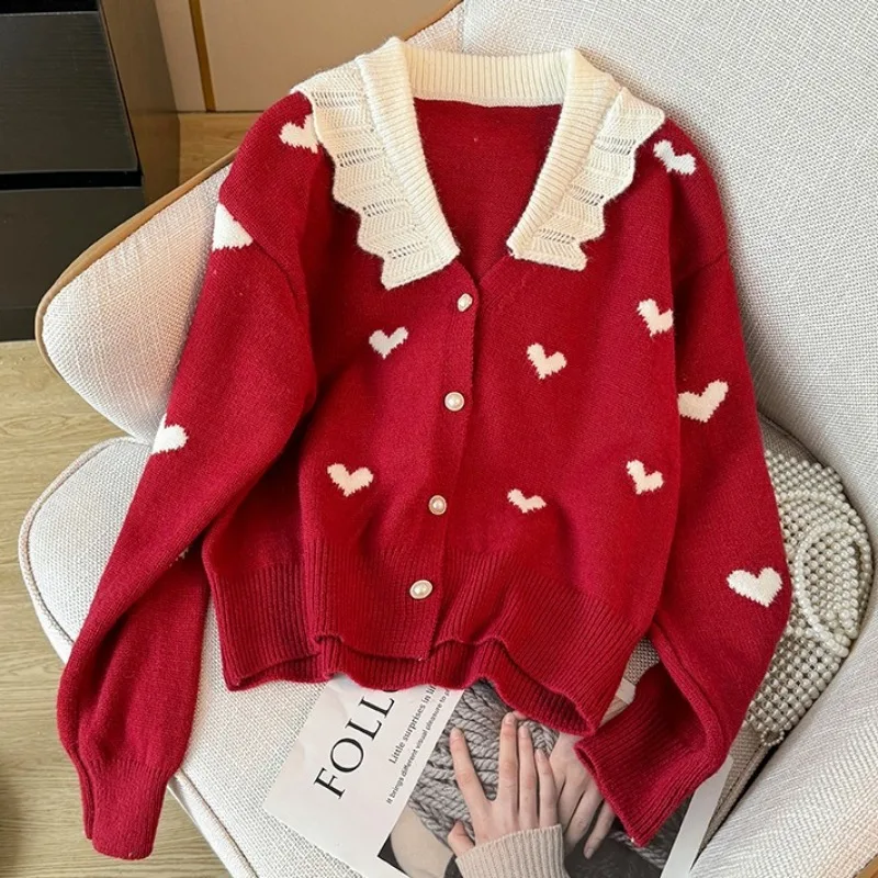 Neploe New Year Red V-neck Heart Sweater Mujer Spring New Lapel Neck Knitted Cardigan Y2k Long Sleeve Loose Tops Women