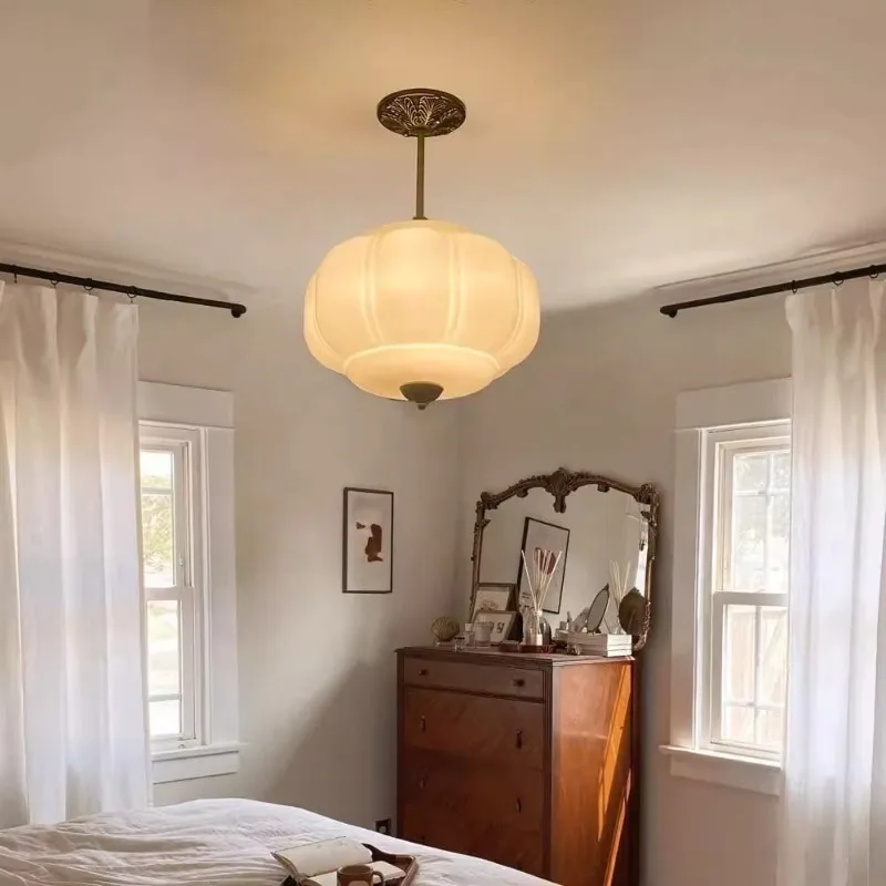 French Retro Pumpkin Pendant Light, Mid-Century Modern Dining Room Lamp, Luxury Bar & Dining Table Lighting Fixture LED