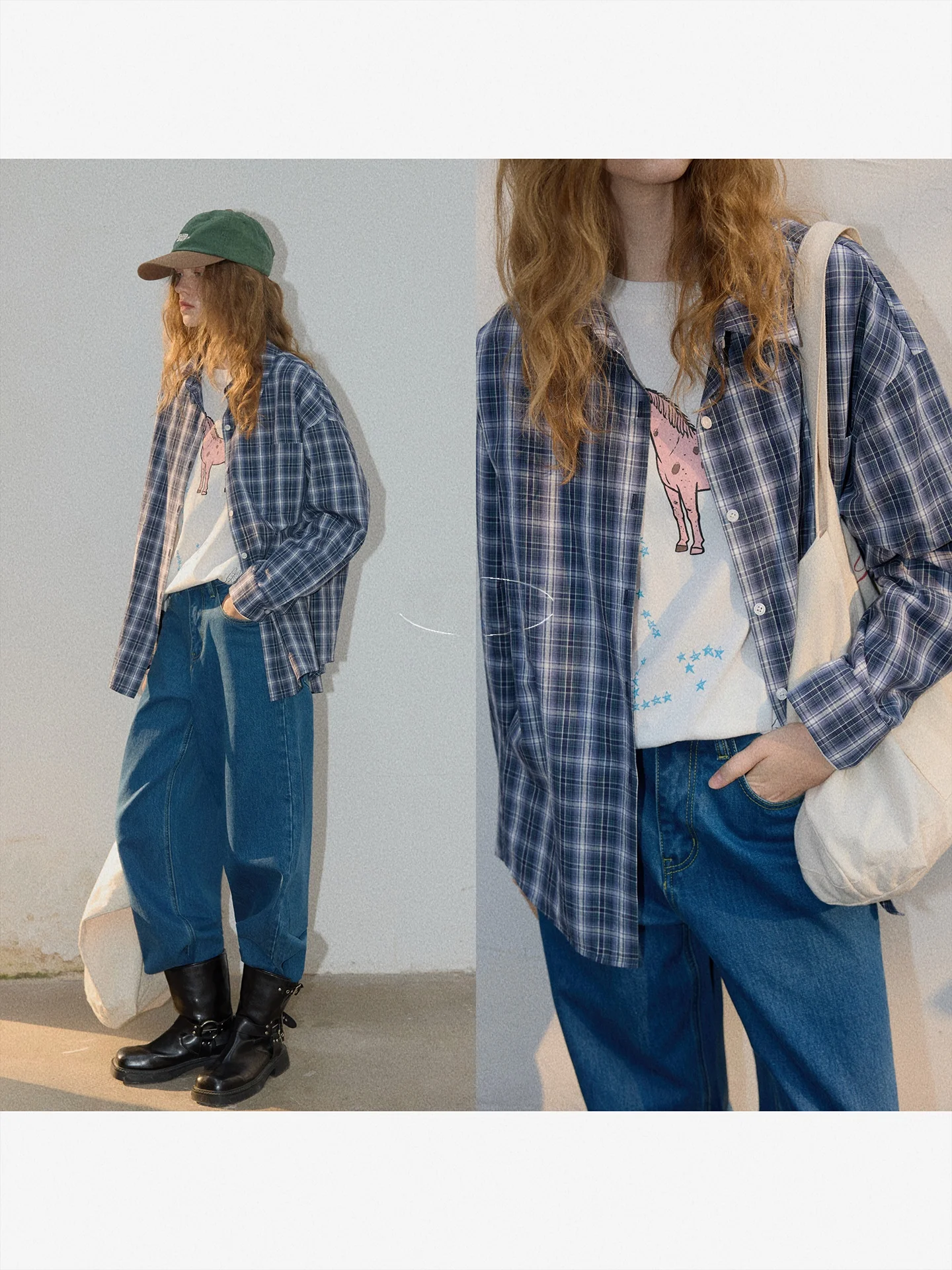 

BMLT Korean Style 100% Cotton Plaid Shirt Women's Midi Thin Collar Lazy Top Breathable Loose Fit Long Sleeve Daily Wear