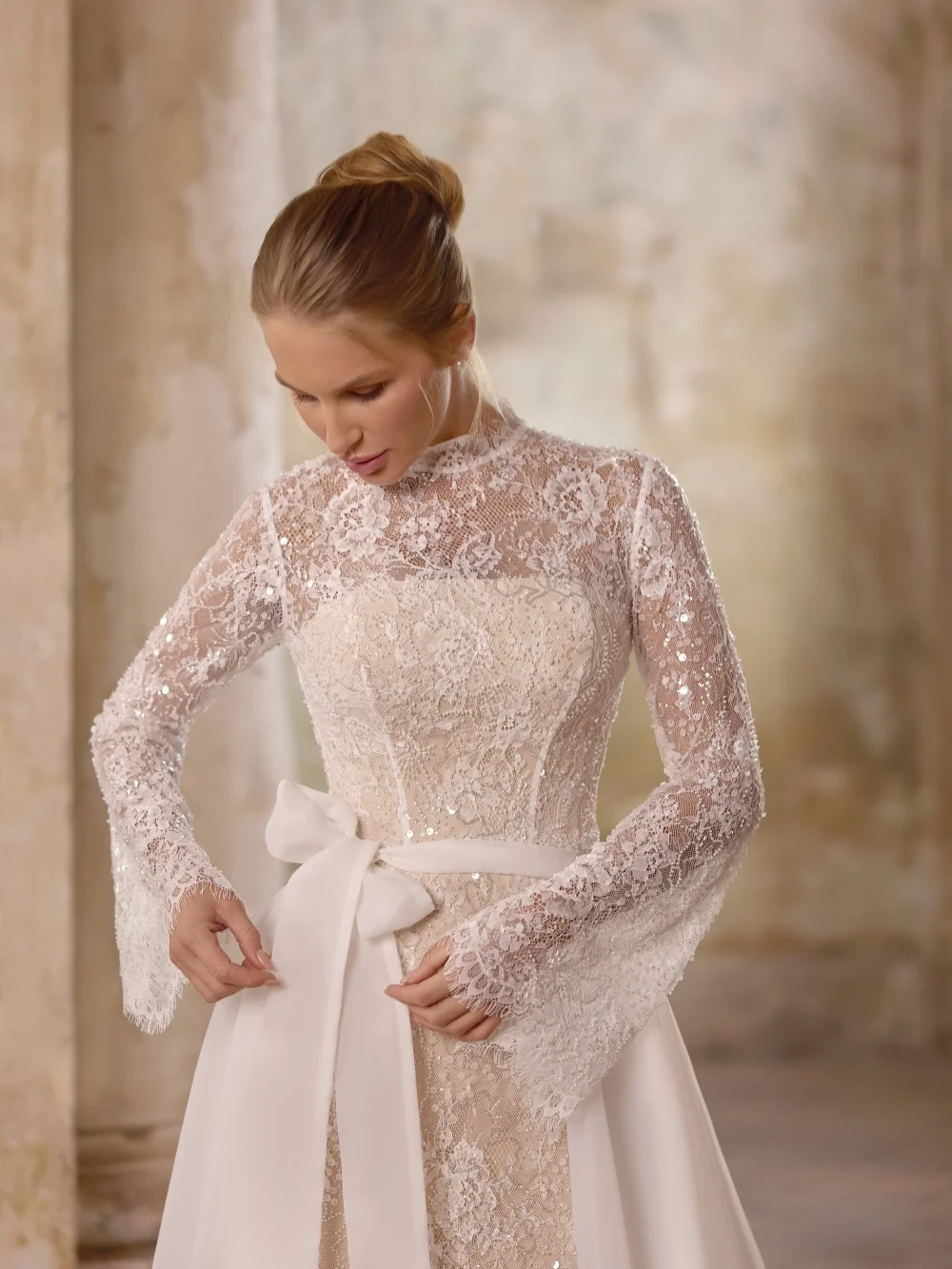 فستان زفاف دانتيل مطرز فخم ذيل قابل للانفصال حورية البحر فستان زفاف طويل مخصص فساتين متواضعة ذات ياقة عالية للعروس #2