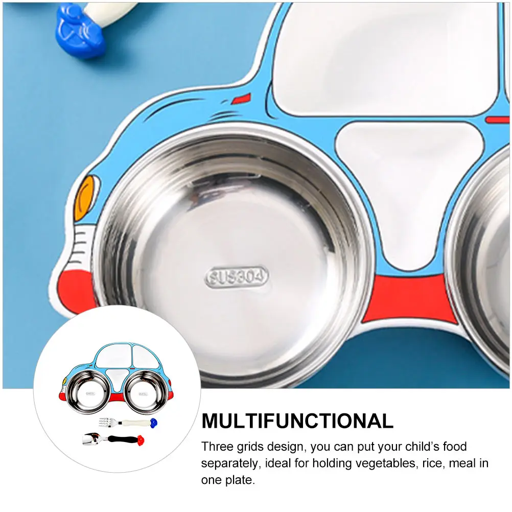 

1 Set Cartoon Toddler Plate 3 Compartments Kids Fork Spoon Set Skid-Proof Baby Dish Stainless Steel Microwave Safe Child Feeding