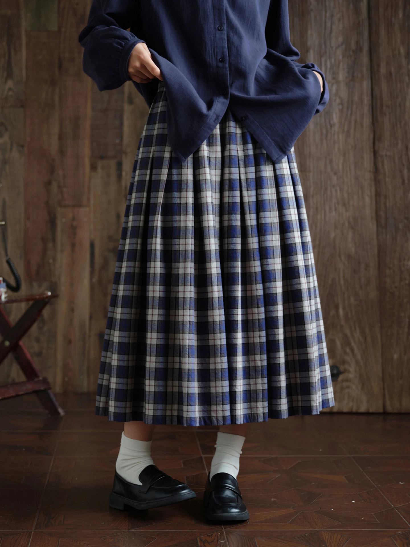 Original  Pure Cotton Plaid Pleated  Skirt Women's High Waist A-Line Midi Skirt Breathable Comfortable Casual Skirt