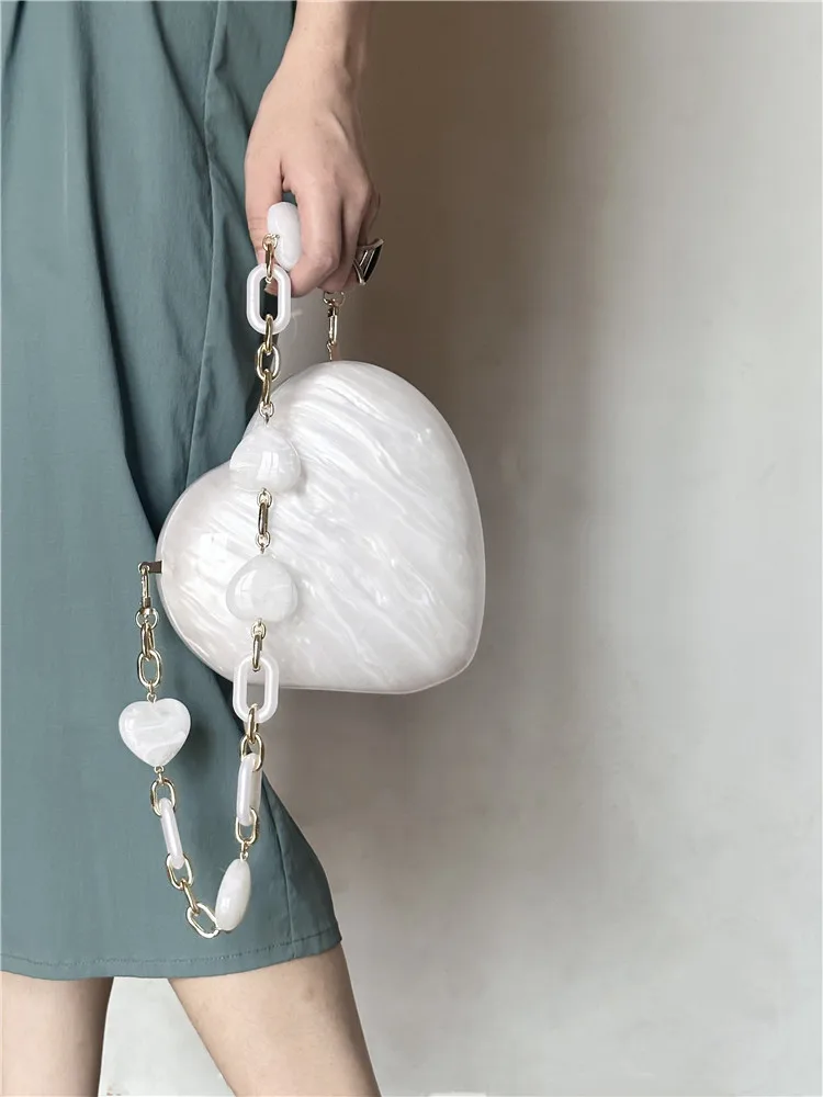 Women Acrylic heart bag cute pearl Evening Clutch Bag with strap For Wedding Party Luxury Purses And Handbags Designer