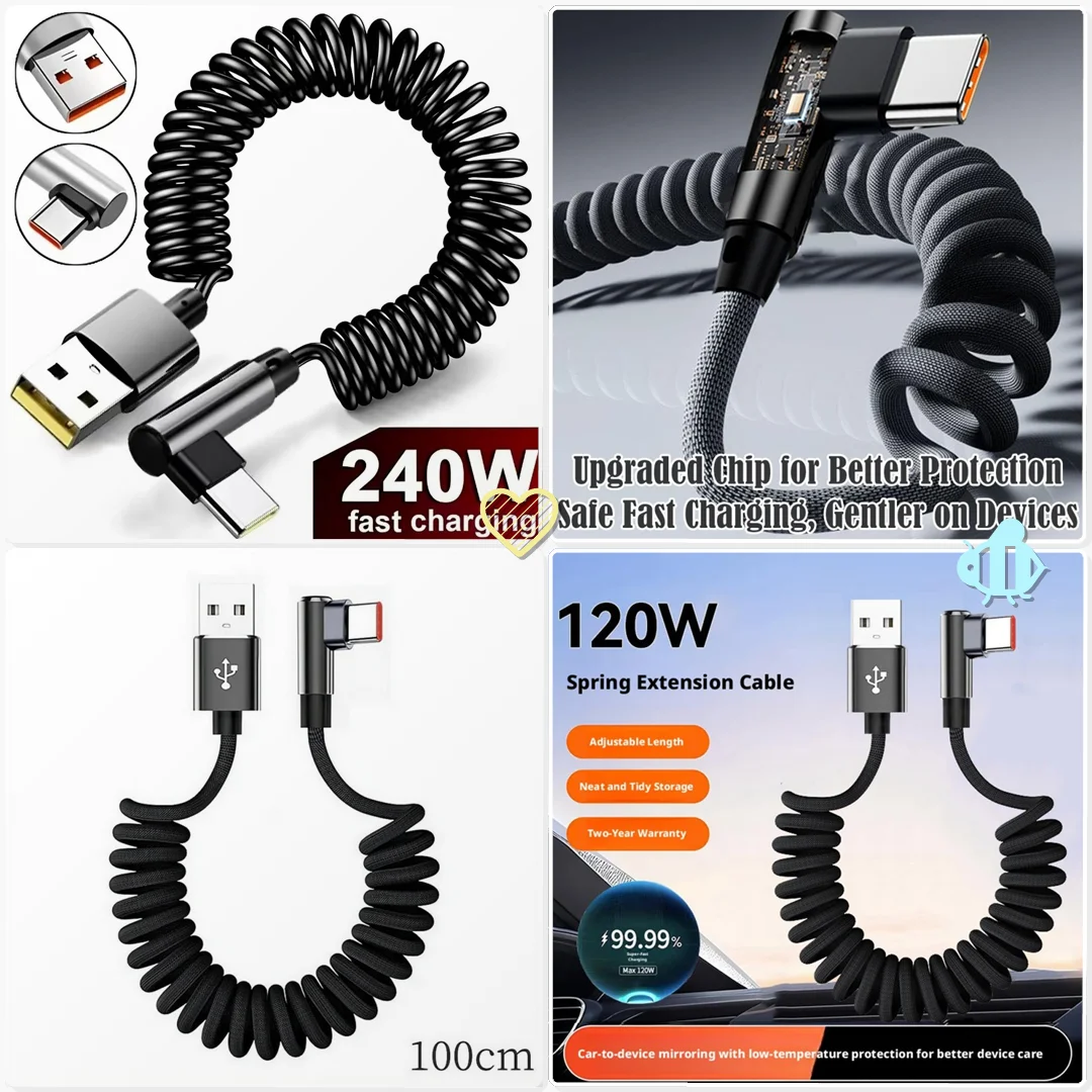 90 Degree L Shape USB C Fast Charging Coiled Cable 120W Retractable Spring Data Cord Gaming Chair Armrest Charge