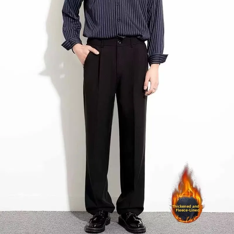 

Зимние мужские повседневные брюки с начесом, приталенные, прямые, для офиса, в корейском стиле, городские, длинные