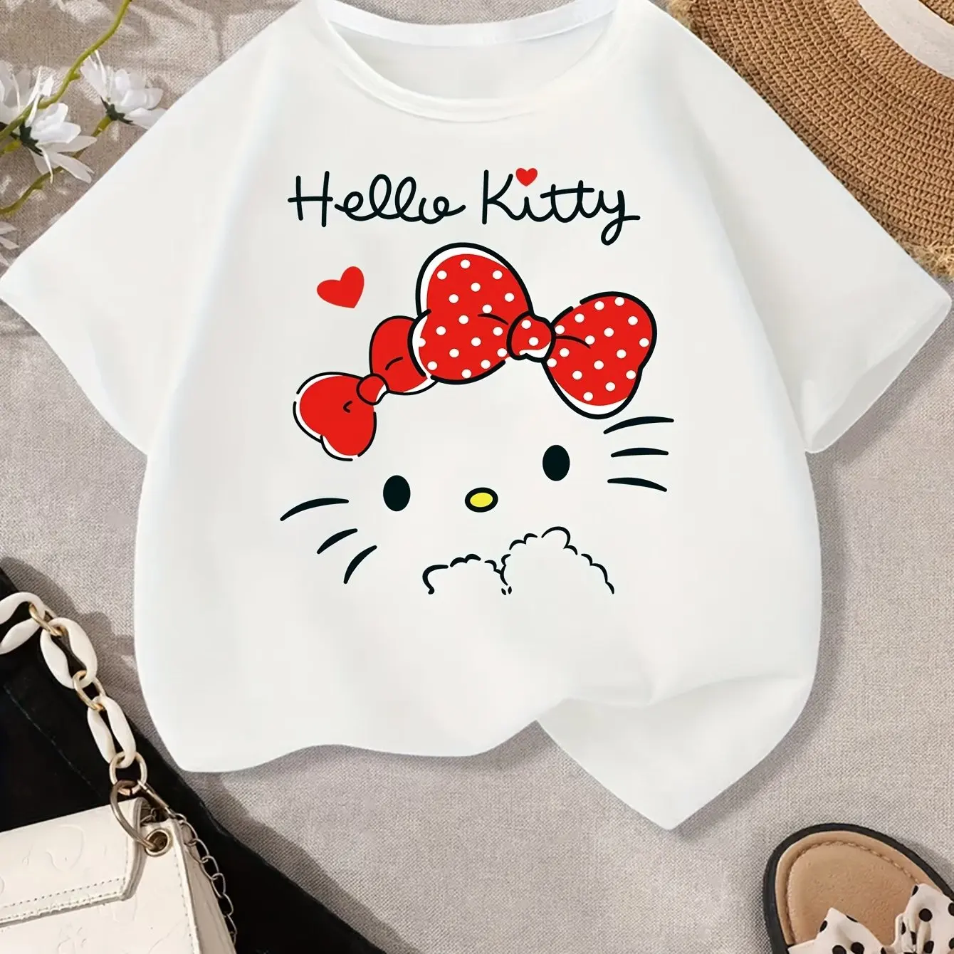 

Sanrio Hello Kitty Girl Summer T-Shirt Kid Family Parent-Child Clothing Cartoon Cute Casual Loose Comfortable Short Sleeve Women