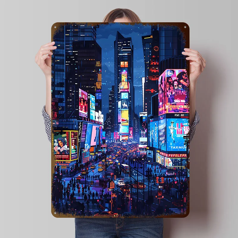Póster artístico de píxel cuadrado de tiempo de Nueva York, arte de pared personalizado, carteles de Metal Vintage, placa de estaño Retro para hombre, cueva, decoración del hogar de lujo